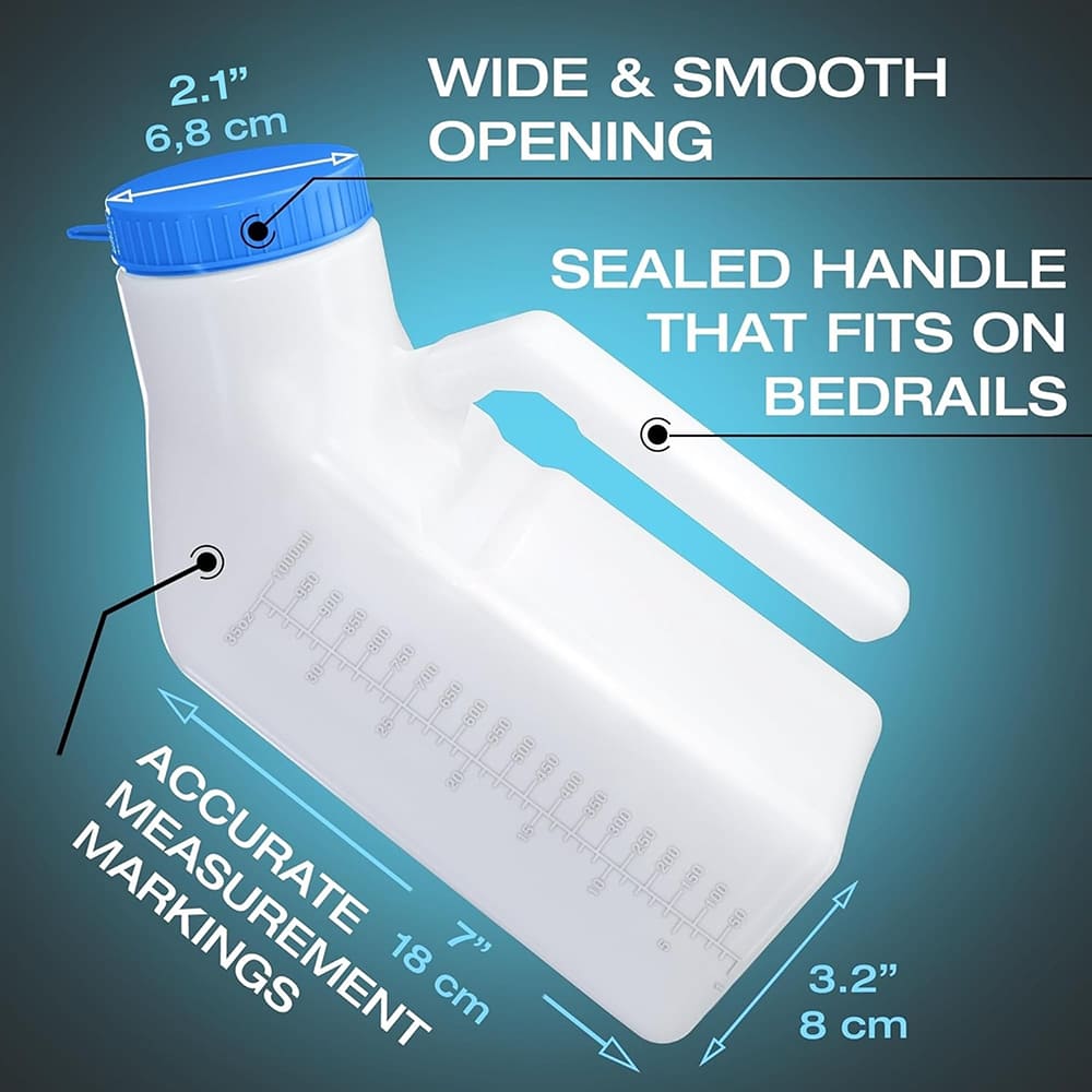 4.4 Tilcare portable urinal for men with wide opening, sealed handle, and clear measurement markings