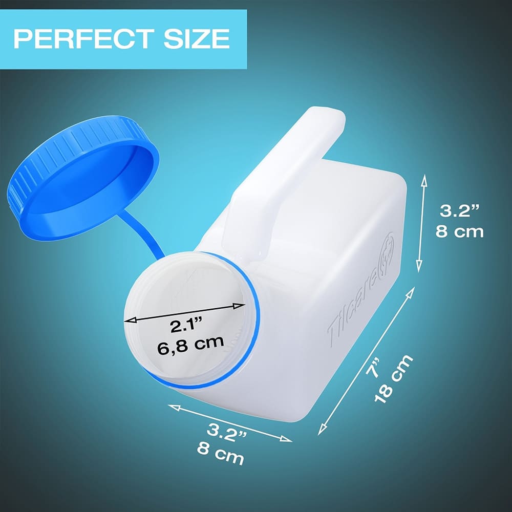 6.2 Tilcare portable urinal for men showing compact size and product dimensions.