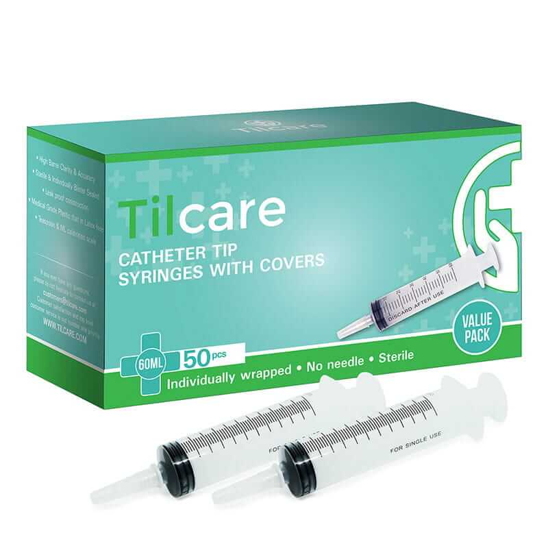 SPLET_60ML-50pcs Tilcare 60mL catheter tip syringes with covers - 50 pack, individually wrapped, sterile, no needle